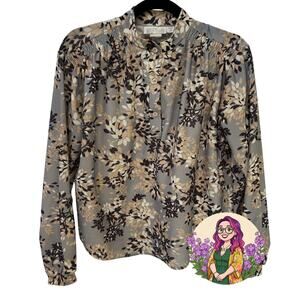 VTG Cape Cod Match Mates Gray Floral Long Sleeve Blouse Retro Boho Career XL